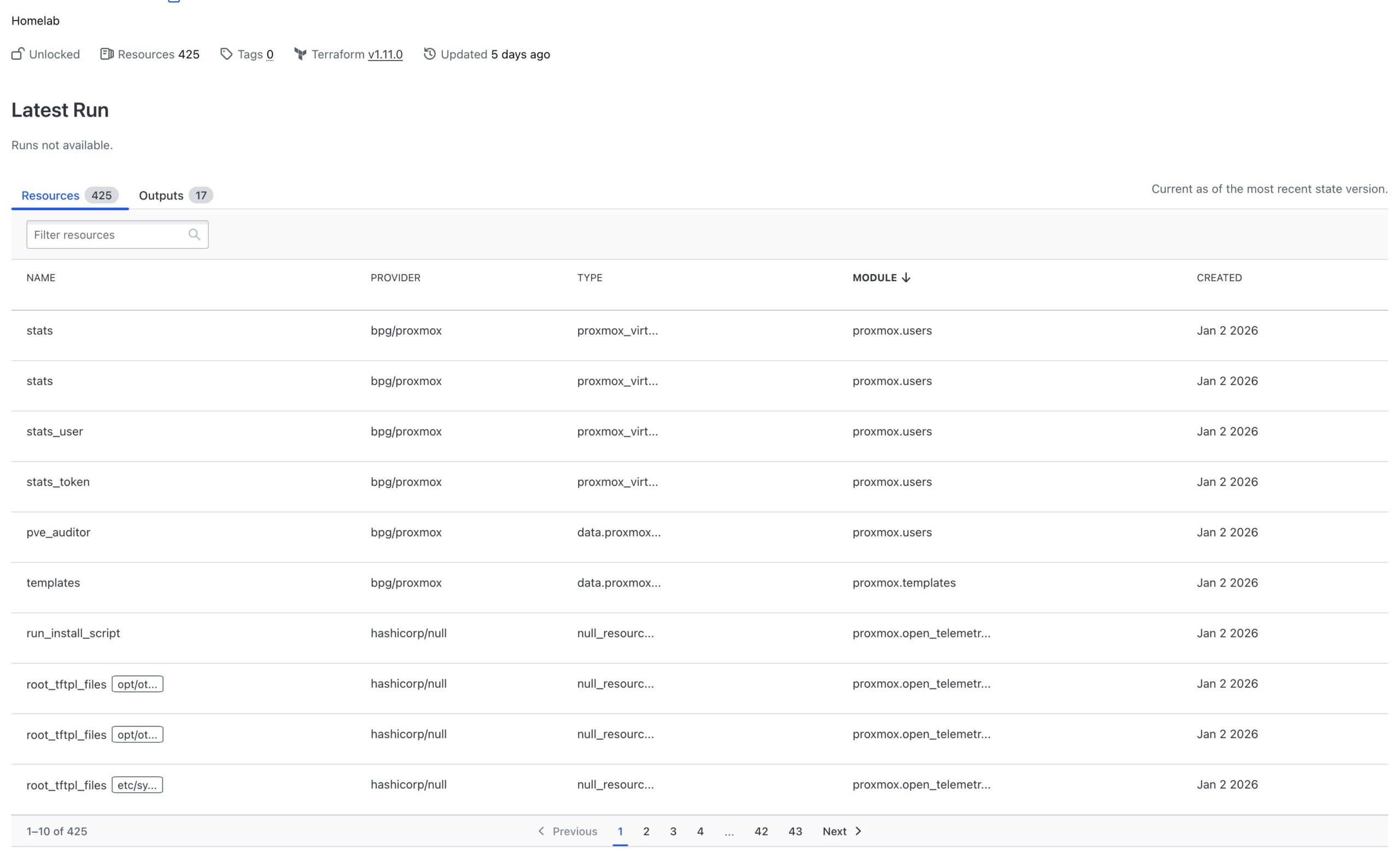 Terraform Enterprise UI showing a few of the 427 resources in my Homelab