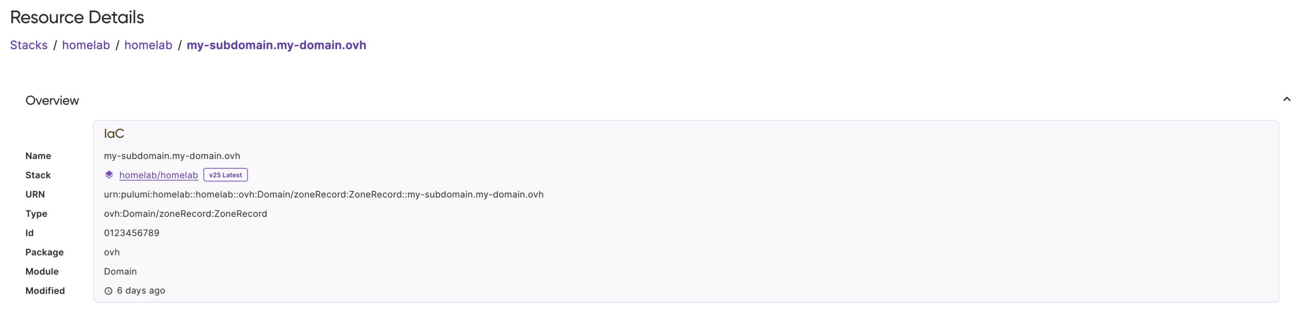Pulumi Web UI showing information about an OVH DNS record in the Pulumi state